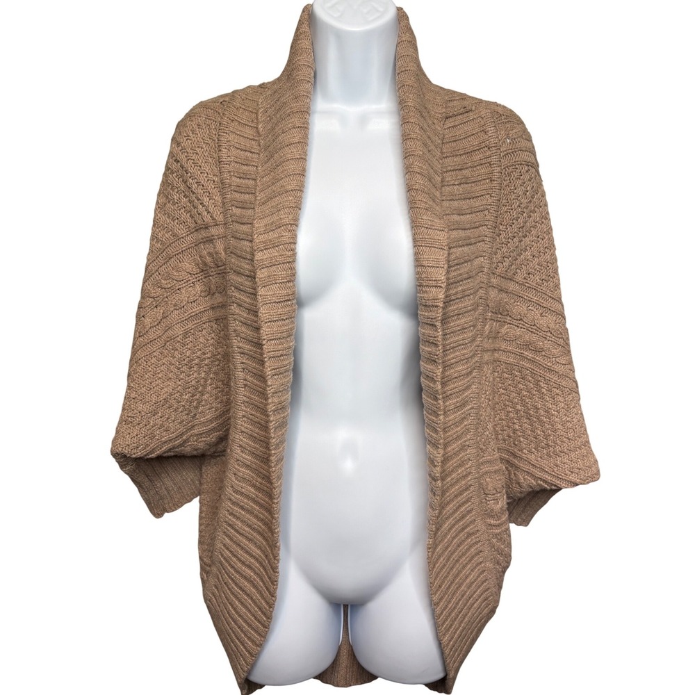 TALBOTS Womens Tan Cable Knit Shawl Cocoon Cardigan S/M Hygge Minimalist Neutral